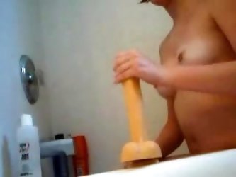 Amateur Girlfriend Rides Dildo Toy In The Bathroom